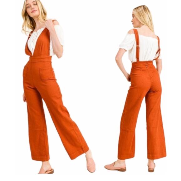 Dollhouse Pants - Dollhouse Burnt Orange V Neck Wide Leg Retro Style Soft Denim Jumpsuit Size 11